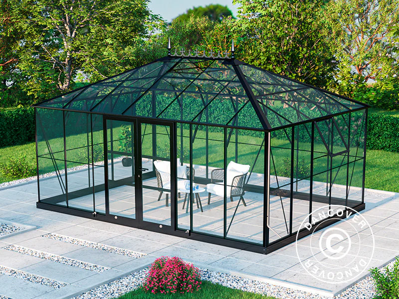 Oranżeria, szklarnia szklana 19m², 5,14x3,71x3,15m z podstawą i ozdobnym zwieńczeniem dachu, Czarna - Image 4