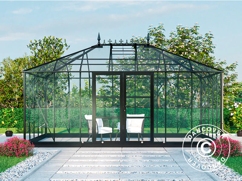 Oranżeria, szklarnia szklana 19m², 5,14x3,71x3,15m z podstawą i ozdobnym zwieńczeniem dachu, Czarna - Image 5