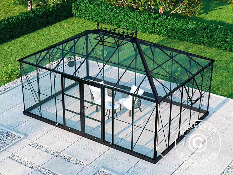 Oranżeria, szklarnia szklana 19m², 5,14x3,71x3,15m z podstawą i ozdobnym zwieńczeniem dachu, Czarna - Image 6