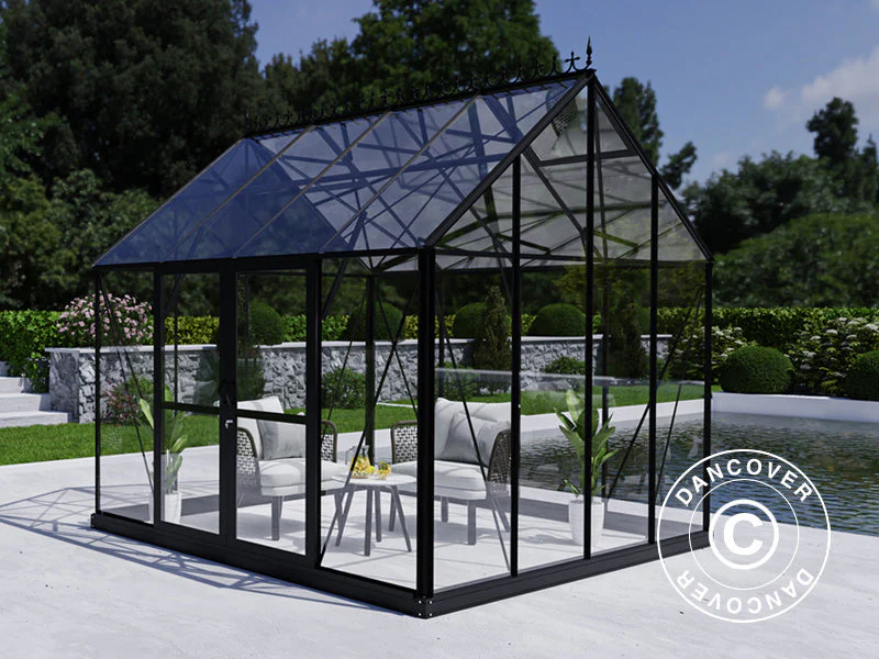 Oranżeria, szklarnia szklana 8,9m², 3,01x2,99x2,95m z podstawą i ozdobnym zwieńczeniem dachu, Czarna - Image 2