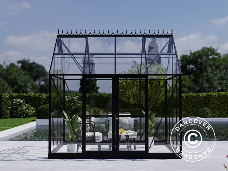 Oranżeria, szklarnia szklana 8,9m², 3,01x2,99x2,95m z podstawą i ozdobnym zwieńczeniem dachu, Czarna - Image 3