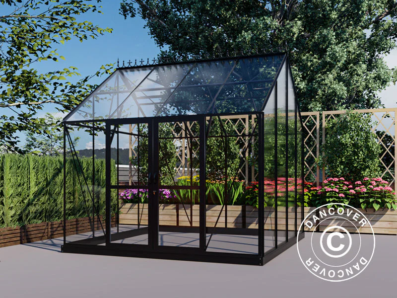 Oranżeria, szklarnia szklana 8,9m², 3,01x2,99x2,95m z podstawą i ozdobnym zwieńczeniem dachu, Czarna - Image 4