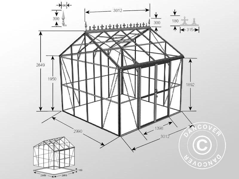 Oranżeria, szklarnia szklana 8,9m², 3,01x2,99x2,95m z podstawą i ozdobnym zwieńczeniem dachu, Czarna - Image 9