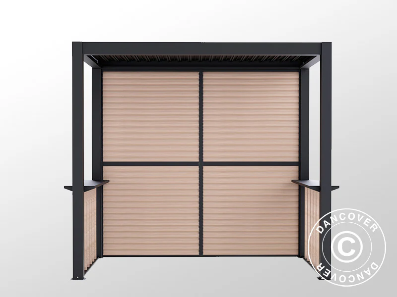 Pergola San Juan do grilla, z ściankami i bokami z lameli, 2,5x1,5x2,3m, Czarna/Imitacja drewna - Image 10