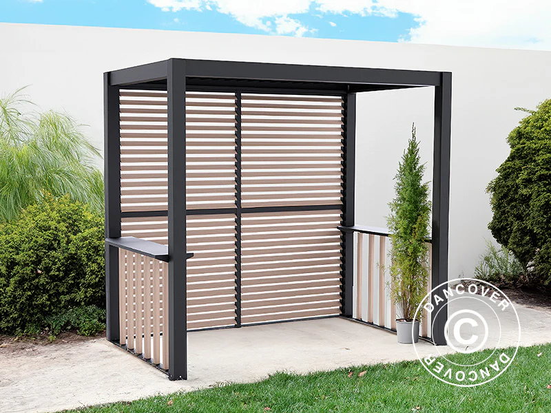 Pergola San Juan do grilla, z ściankami i bokami z lameli, 2,5x1,5x2,3m, Czarna/Imitacja drewna - Image 4
