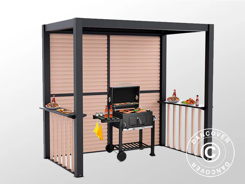 Pergola San Juan do grilla, z ściankami i bokami z lameli, 2,5x1,5x2,3m, Czarna/Imitacja drewna - Image 6