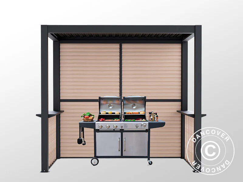 Pergola San Juan do grilla, z ściankami i bokami z lameli, 2,5x1,5x2,3m, Czarna/Imitacja drewna - Image 7