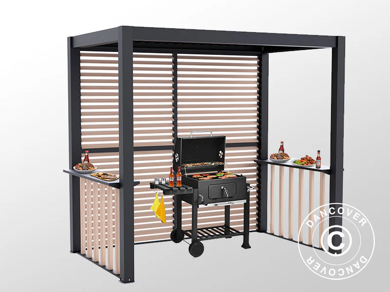 Pergola San Juan do grilla, z ściankami i bokami z lameli, 2,5x1,5x2,3m, Czarna/Imitacja drewna - Image 9