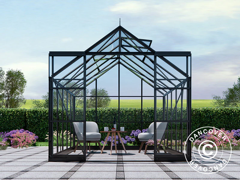Szklarnia szklana 2,44x3,08x2,34m z podstawą i ozdobnym zwieńczeniem dachu, 7,51m², Czarna - Image 4