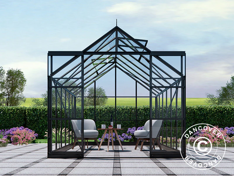 Szklarnia szklana 2,44x3,68x2,34m z podstawą i ozdobnym zwieńczeniem dachu, 8,97m², Czarna - Image 4