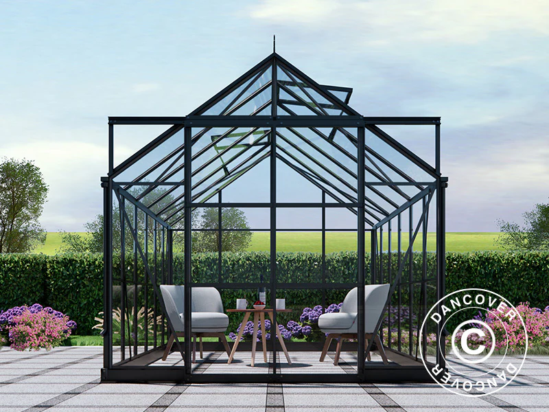 Szklarnia szklana 2,44x3,68x2,34m z podstawą i ozdobnym zwieńczeniem dachu, 8,97m², Czarna - Image 5