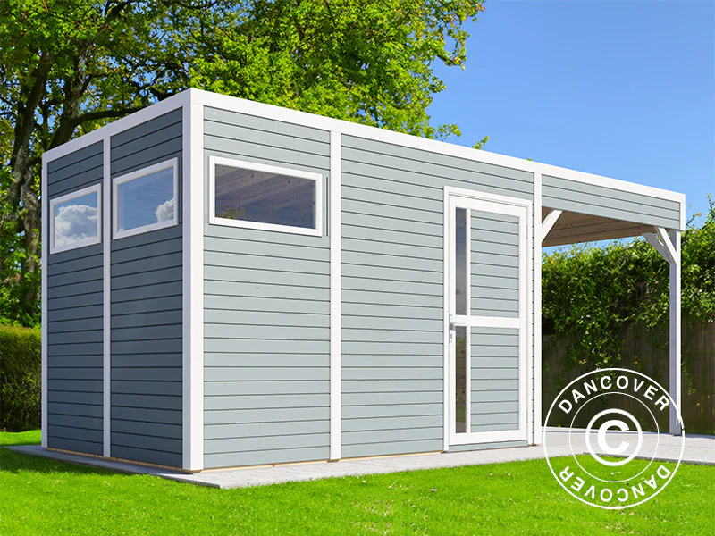 Szopa drewniana z daszkiem, Bertilo Cubus 3L, 5,58x2,34x2,32m, 7,65m²+5,15m², Szara - Image 2