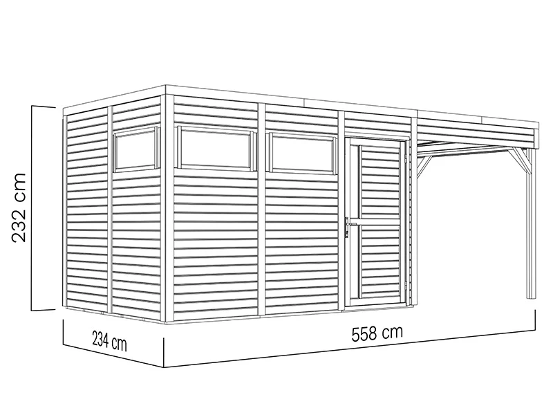Szopa drewniana z daszkiem, Bertilo Cubus 3L, 5,58x2,34x2,32m, 7,65m²+5,15m², Szara - Image 5
