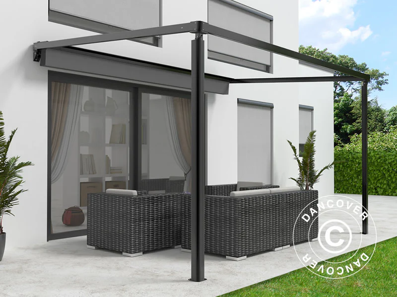 Zadaszenie tarasu, pergola montowana do ściany Santa Ynez, 4x3m, Czarne/Ciemnoszare - Image 3